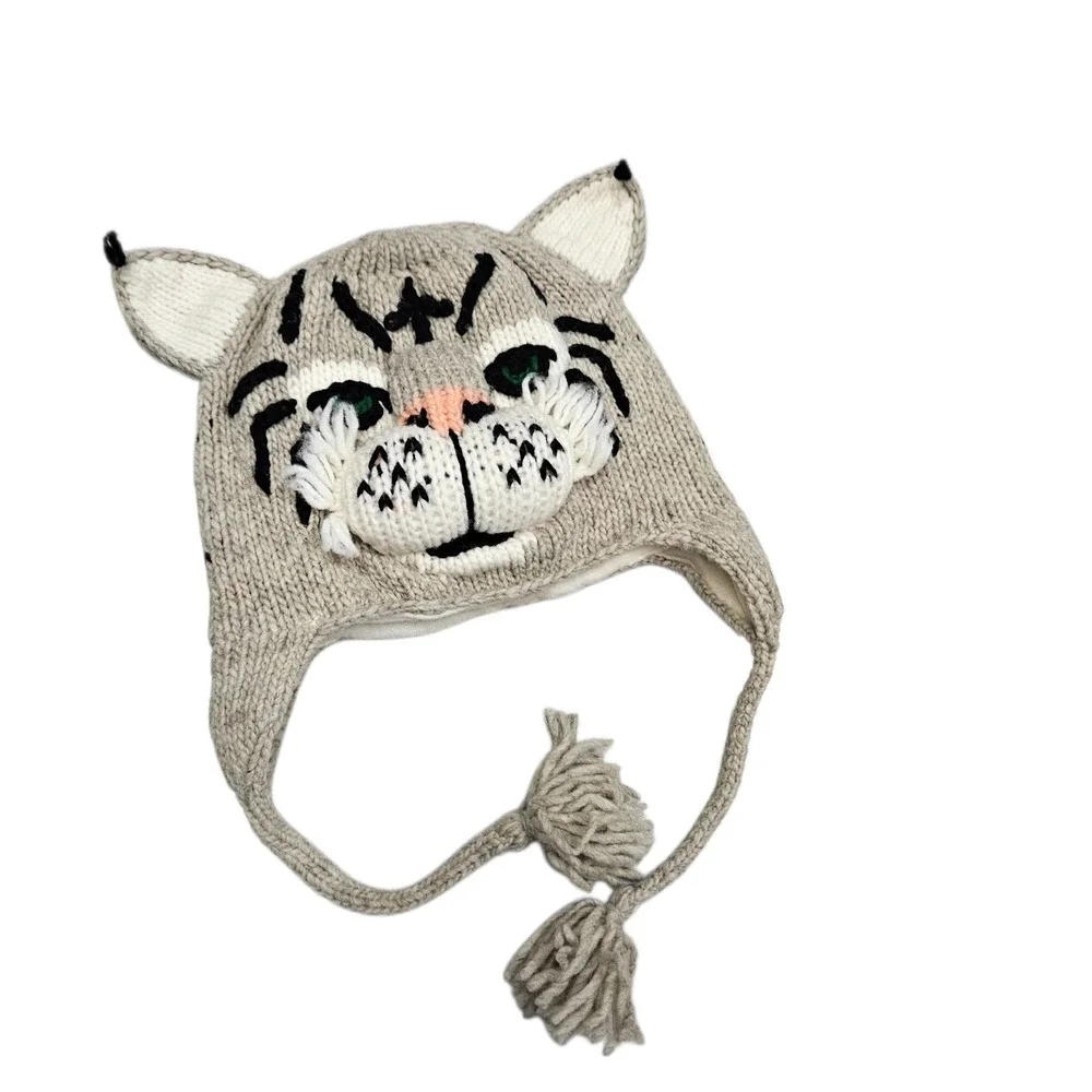 Vive Bien Youth Kids Cat Face Wool Beanie Hat Tassels Warm Winter Knit Whimsical